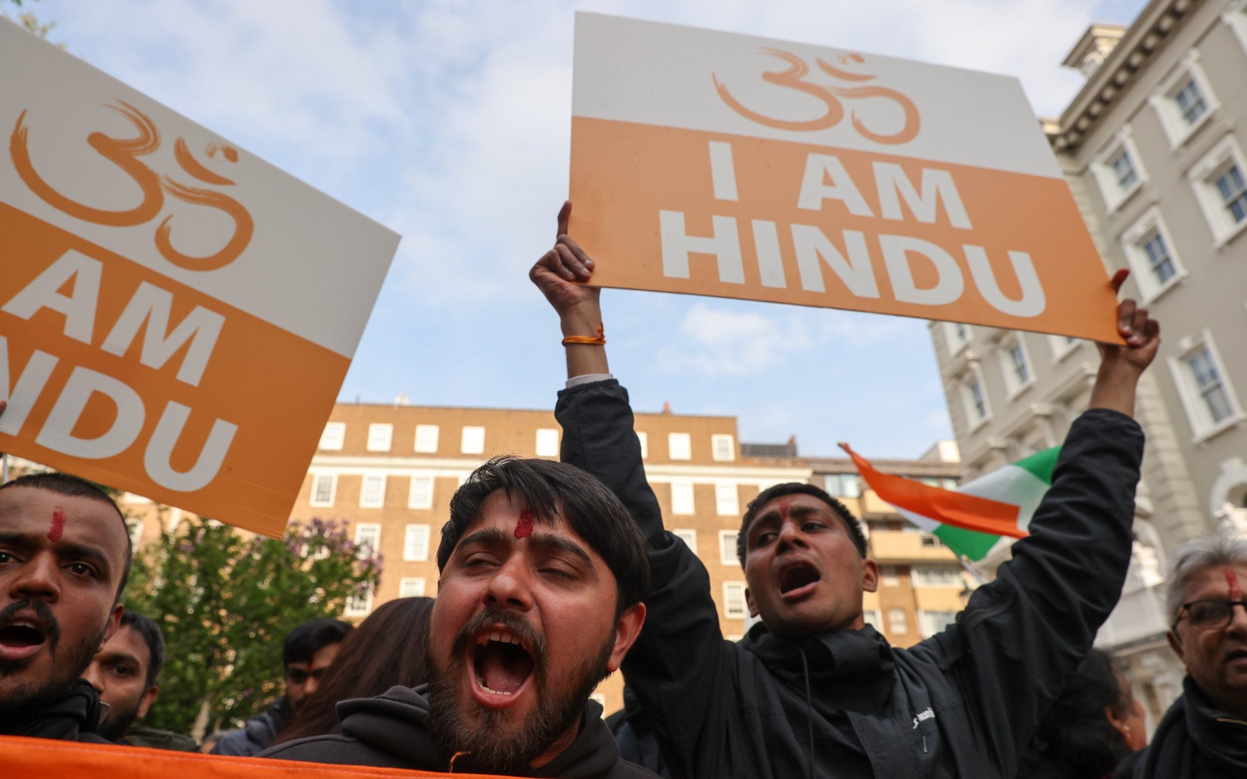 Members of the Indian community protest outside the Pakistan embassy in London following the Pahalgam terror attack in April - SOPA Images