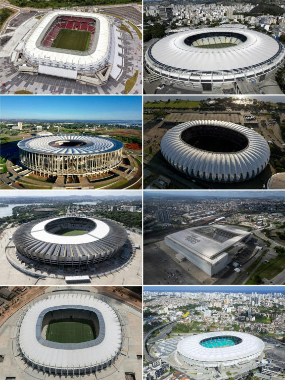 Fotos de arquivo dos oito estádios que sediarão a Copa do Mundo de Futebol Feminino de 2027, da E a D: a Arena de Pernambuco em Recife, o Maracanã no Rio de Janeiro, o Mané Garrincha em Brasília, o Beira-Rio em Porto Alegre, o Mineirão em Belo Horizonte, a Neo Química Arena em São Paulo, a Arena Castelão em Fortaleza e a Arena Fonte Nova em Salvado