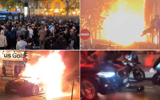 A car was today set alight by a gang of youths today after driving into football fans celebrating Paris Saint-Germain’s victory over Arsenal in the French capital.