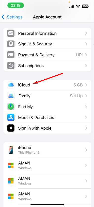 iCloud option in iPhone Settings.