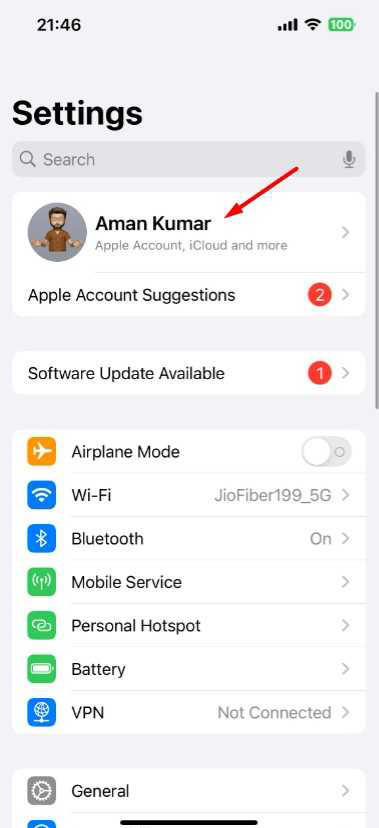 Profile icon in iPhone Settings.
