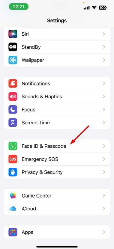 Face ID & Passcode option in iPhone Settings app.