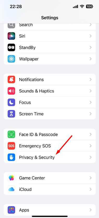 Privacy & Security option in iPhone Settings.