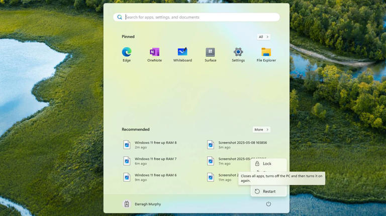 Screenshot of Windows 11 Start Menu showing Restart option
