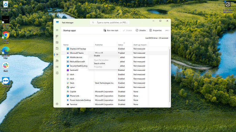 Screenshot of Windows 11 Task Manager showing disable option
