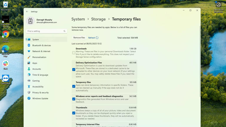 Screenshot of Windows 11 Settings app showing Temporary files option