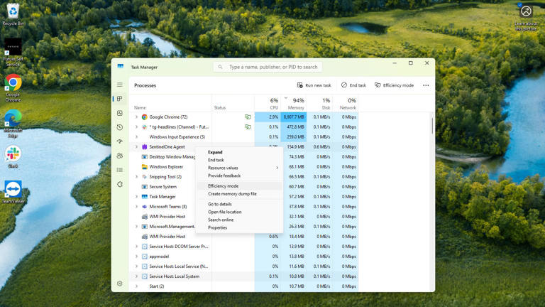 Screenshot of Windows 11 Task Manager window showing Efficiency Mode option