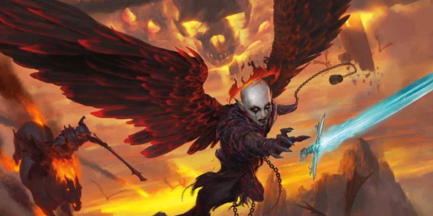 D&D Descent into Avernus cover art depicting the devil Zariel reaching out for a sword in a hellish domain.