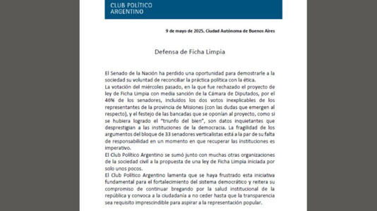 El Club Político Argentino apoya el proyecto de Ficha Limpia desde el año pasado
