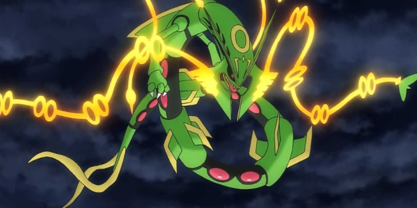A Mega Rayquaza is floating in the sky in the Pokémon anime.