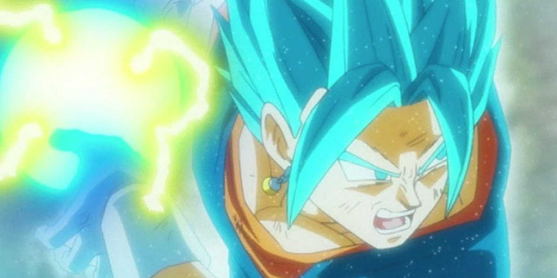 Super Saiyan Blue Vegito releases a major energy attack in Dragon Ball Super.