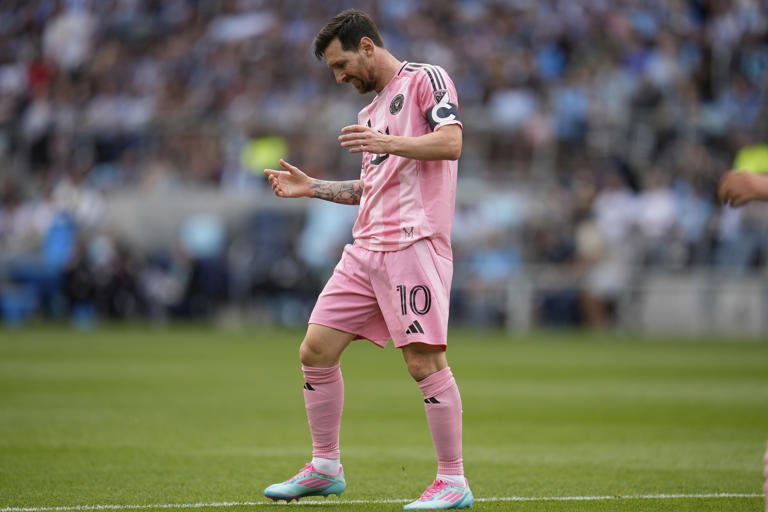 Inter Miami forward Lionel Messi reacts during the first half of an MLS soccer match against Minnesota United, Saturday, May 10, 2025, in St. Paul, Minn. (AP Photo/Abbie Parr)