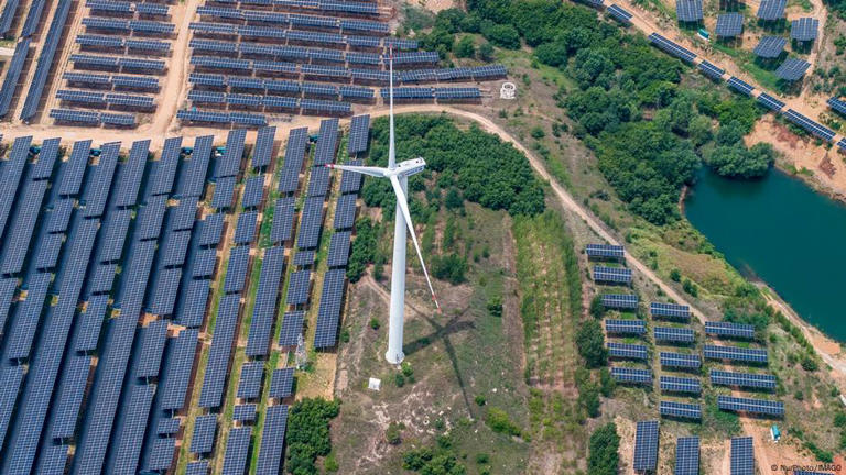 中国电力企业联合会发布数据显示：2024年，全国新增发电装机容量4.3亿千瓦，再创历史新高。其中，风电和太阳能发电合计新增装机3.6亿千瓦，占新增发电装机总容量的比重超过八成。图为青岛附近的一处光电、风电场