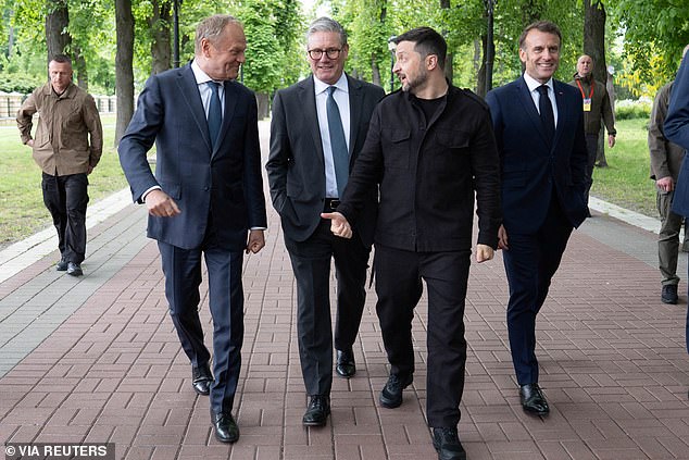 The leaders of Britain, France, Germany and Poland arrived in Kyiv on Saturday for talks with Ukrainian President Zelensky in a show of unity of the 'coalition of the willing', a day after Putin's hosted his allies for a Red Square Victory Day parade
