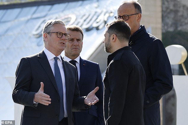 Sir Keir Starmer is seen speaking with President Zelensky alongside France's Emmanuel Macron and Germany's Frederich Merz on Saturday