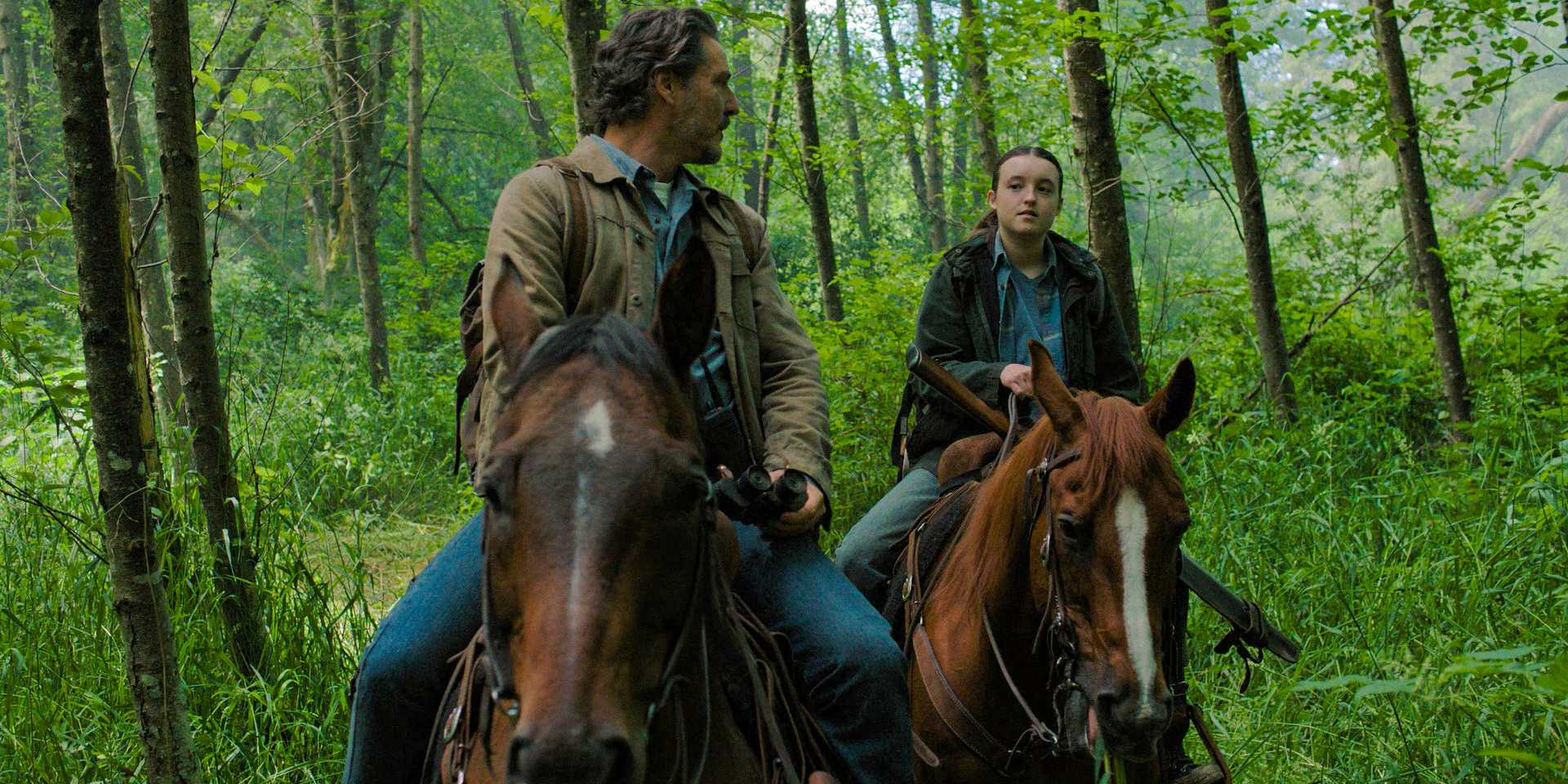 Joel Miller (Pedro Pascal) and Ellie Williams (Bella Ramsey) riding horses in The Last of Us Season 2 Ep 6
