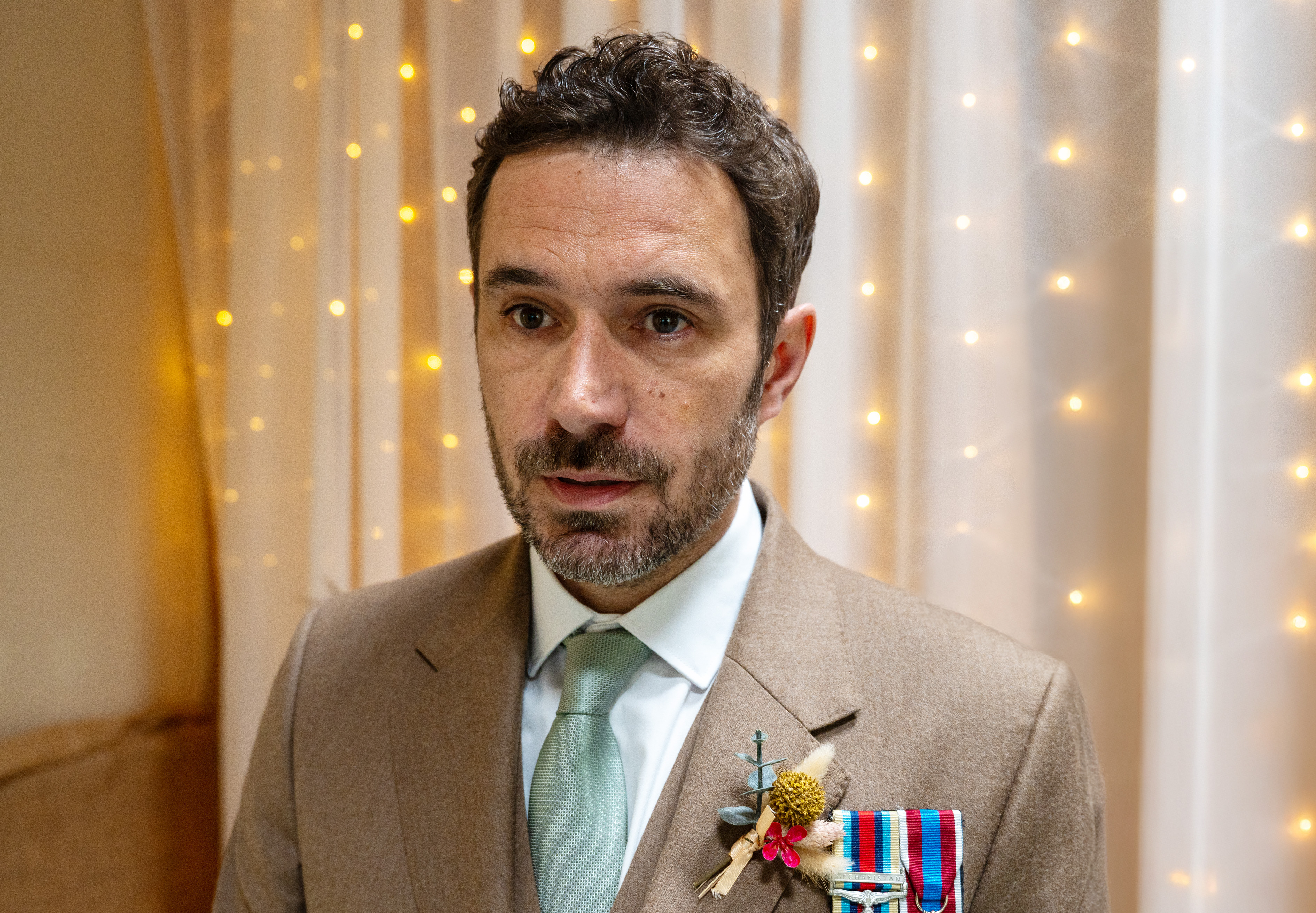 On his wedding day, John's plagued by a vision of Aidan, his ex, interrupting the ceremony and ruining it (Image credit: ITV)