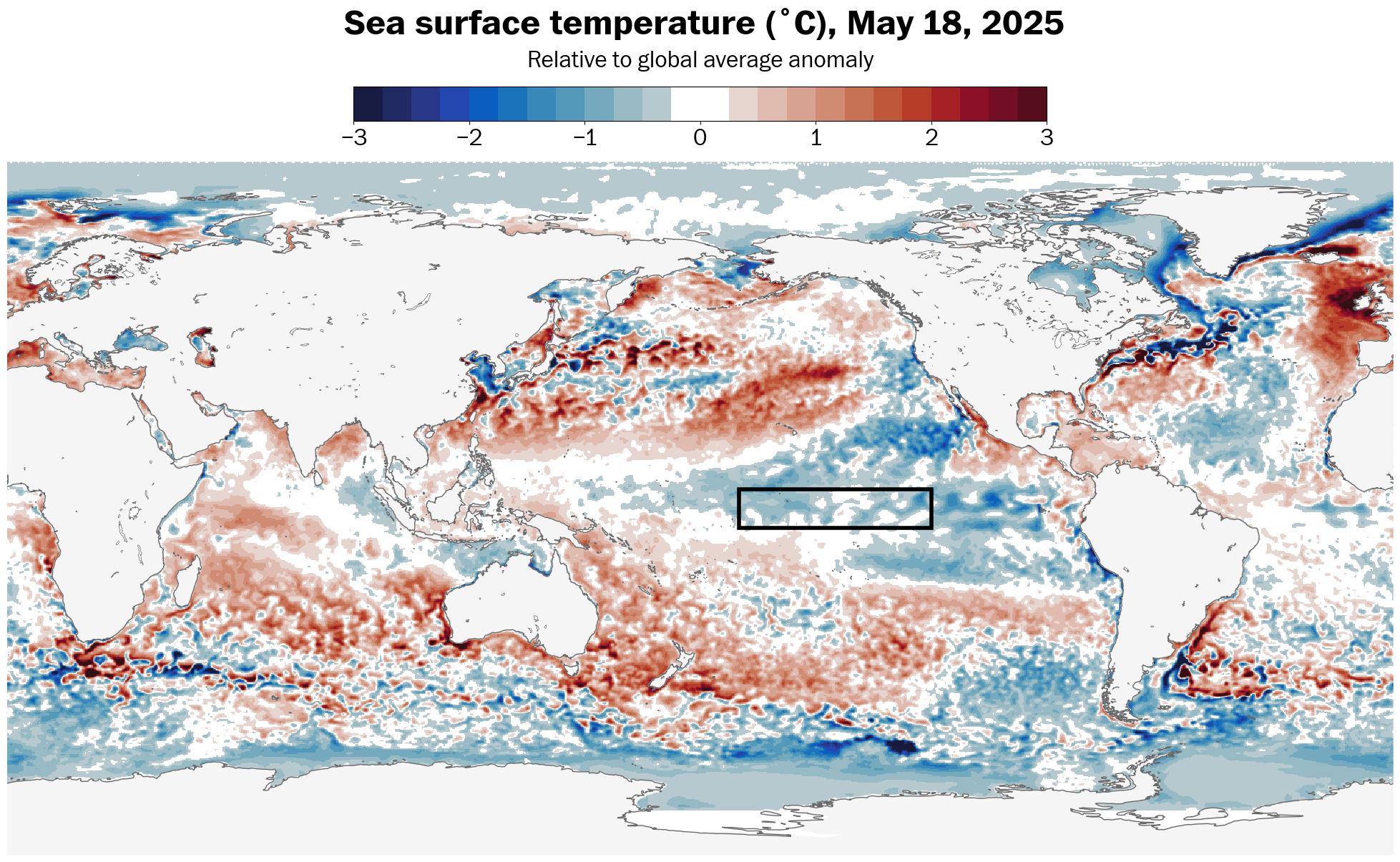 A modern measuring technique for El Niño and La Niña, which accounts for how warm or cool the Pacific is relative to other oceans, shows a pattern of relatively cool seas in the central equatorial Pacific.
