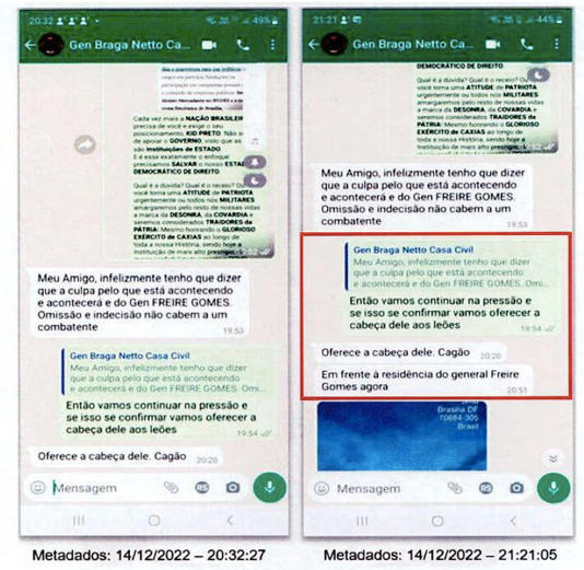 Mensagens de Walter Braga Netto interceptadas na Operação Tempus Veritatis apontam que ex-ministro coordenou ataques contra militares que resistiram a plano de golpe Foto: Reprodução/processo judicial