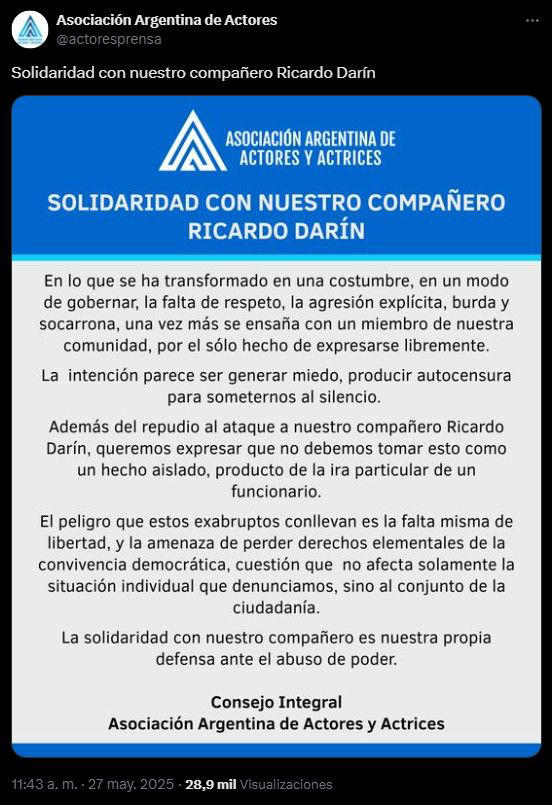 El comunicado de la Asociación Argentina de Actores.