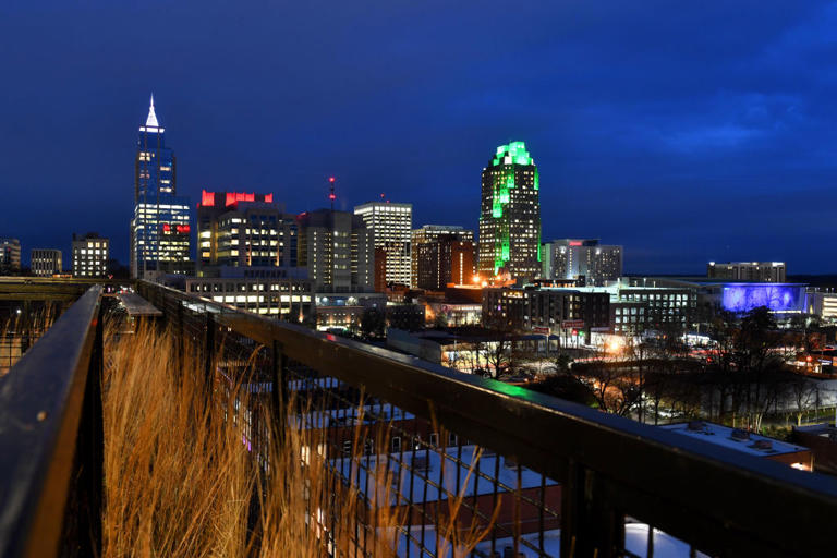 RALEIGH, NC – JANUARY 2: Raleigh’s downtown skyline is seen from The Dillion’s ninth floor lobby terrace open to the public January 02, 2019 in Raleigh, NC. The convention center’s Shimmer Wall is seen at the far right. (Photo by Katherine Frey/The Washington Post via Getty Images)