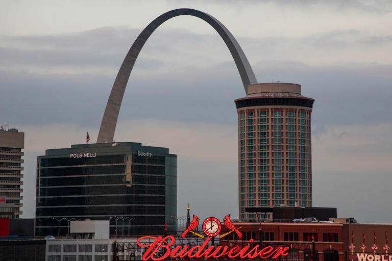 ST. LOUIS, MO – JULY 18: A general view of the St Louis Gateway Arch, skyline and the Budweiser sign during the fifth inning between the St. Louis Cardinals and the Miami Marlins at Busch Stadium on July 18, 2023 in St. Louis, Missouri. (Photo by Brandon Sloter/Image Of Sport/Getty Images)