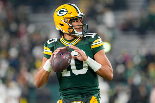 Dec 23, 2024; Green Bay, Wisconsin, USA; Green Bay Packers quarterback Jordan Love (10) throws a pass during warmups prior to the game against the New Orleans Saints at Lambeau Field. Mandatory Credit: Jeff Hanisch-Imagn Images