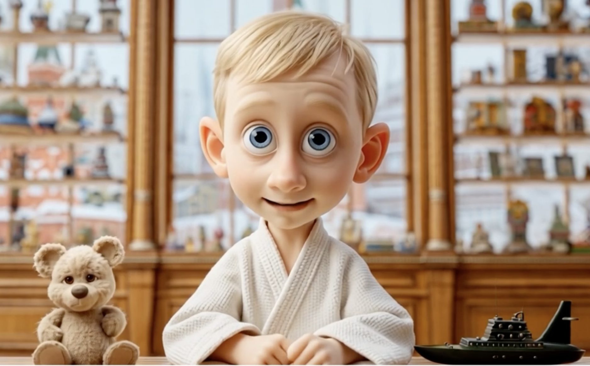 Putin is depicted wearing a white judo outfit with a black toy ship