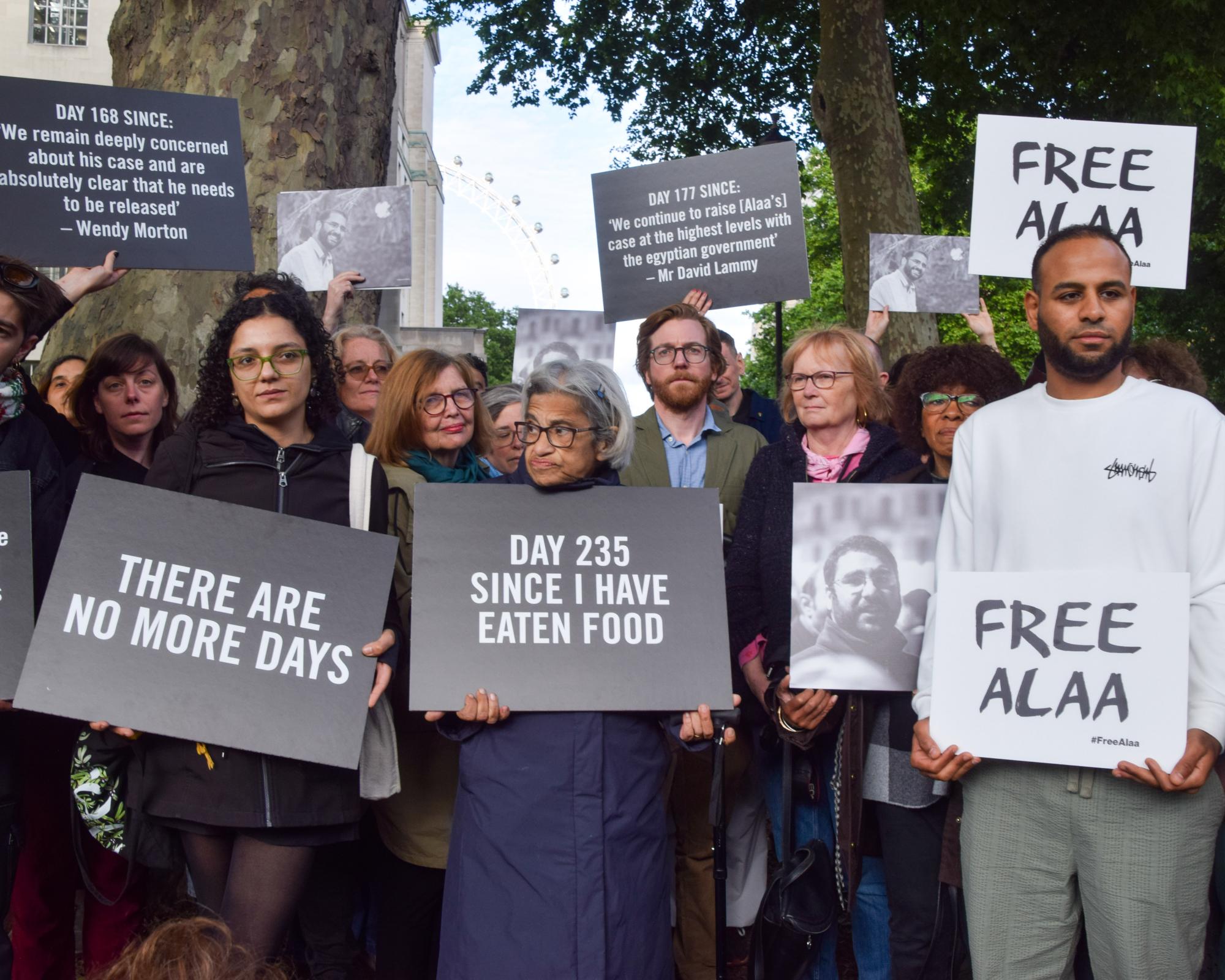 Activists, including Alaa Abd el-Fattah’s mother, Laila Soueif (centre), protesting outside Downing Street last week. Photograph: Vuk Valcic/Zuma Press Wire/Shutterstock