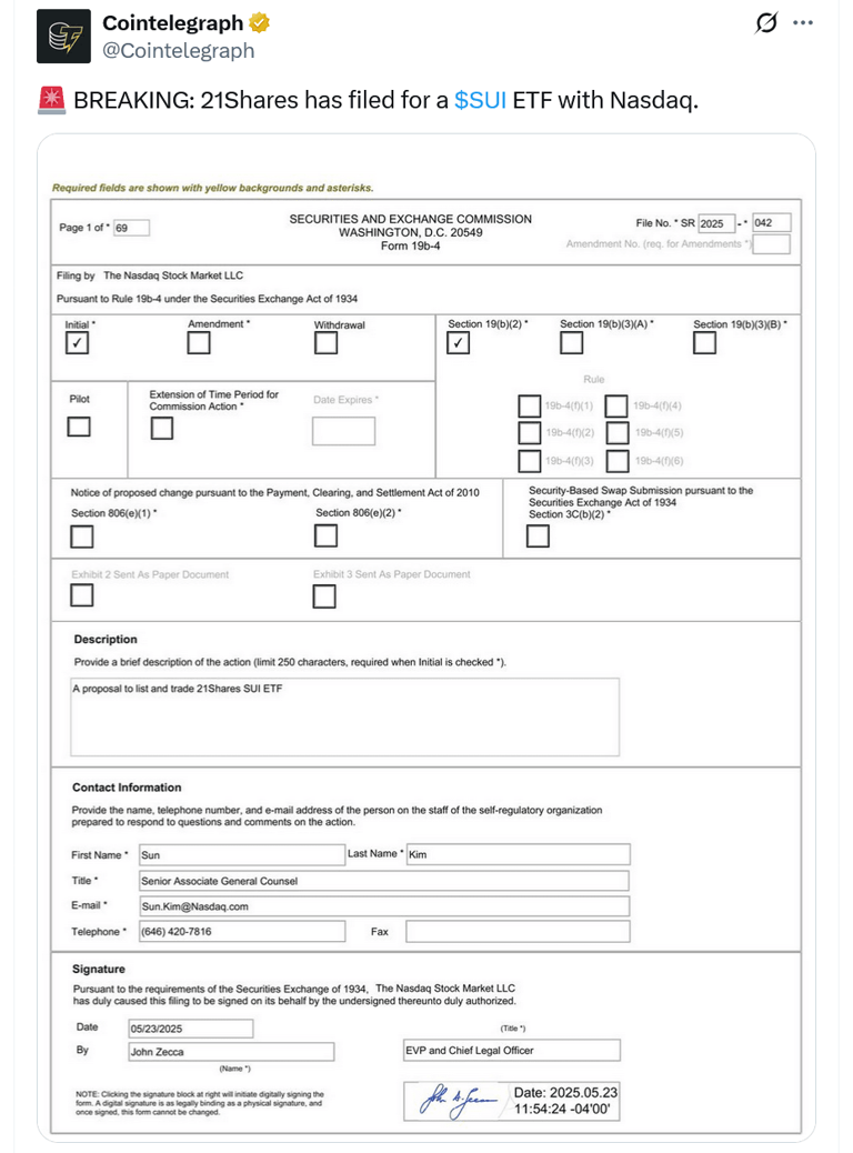 Nasdaq files for 21Shares Sui ETF, kicking off SEC review