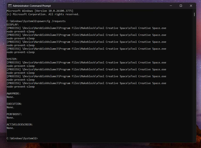 Running the powercfg requests command within the Windows Command Prompt
