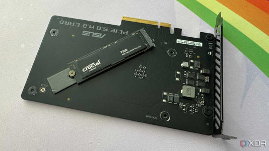 An image of a crucial t705 ssd mounted on a pcie adapter card.