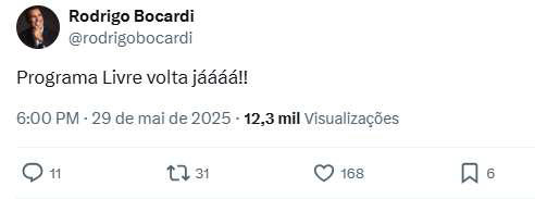 Publicação do jornalista Rodrigo Bocardi (Imagem: Reprodução / Twitter)
