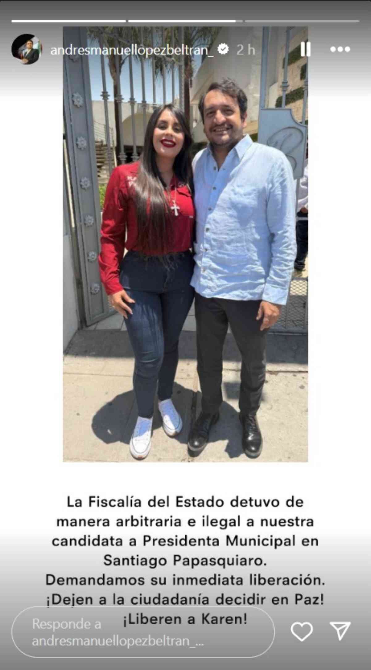 Andrés Manuel <strong>López</strong> Beltrán acusa que <strong>Karen</strong> Pérez, <strong>candidata</strong> morenista en Durango, fue detenida de manera arbitraria; horas después anunció que fue puesta en libertad. Foto: Captura