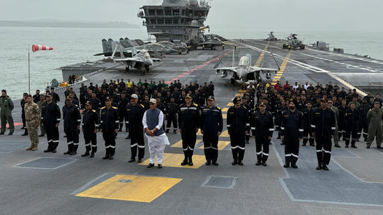 Defence minister Rajnath Singh met with Indian Navy personnel aboard INS Vikrant on Friday.