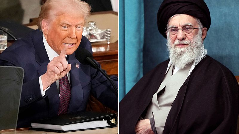 صورة أرشيفية مركبة لترامب في الكونغرس (4 مارس/آذار 2025) وخامنئي في طهران (8 مارس/آذار 2025).