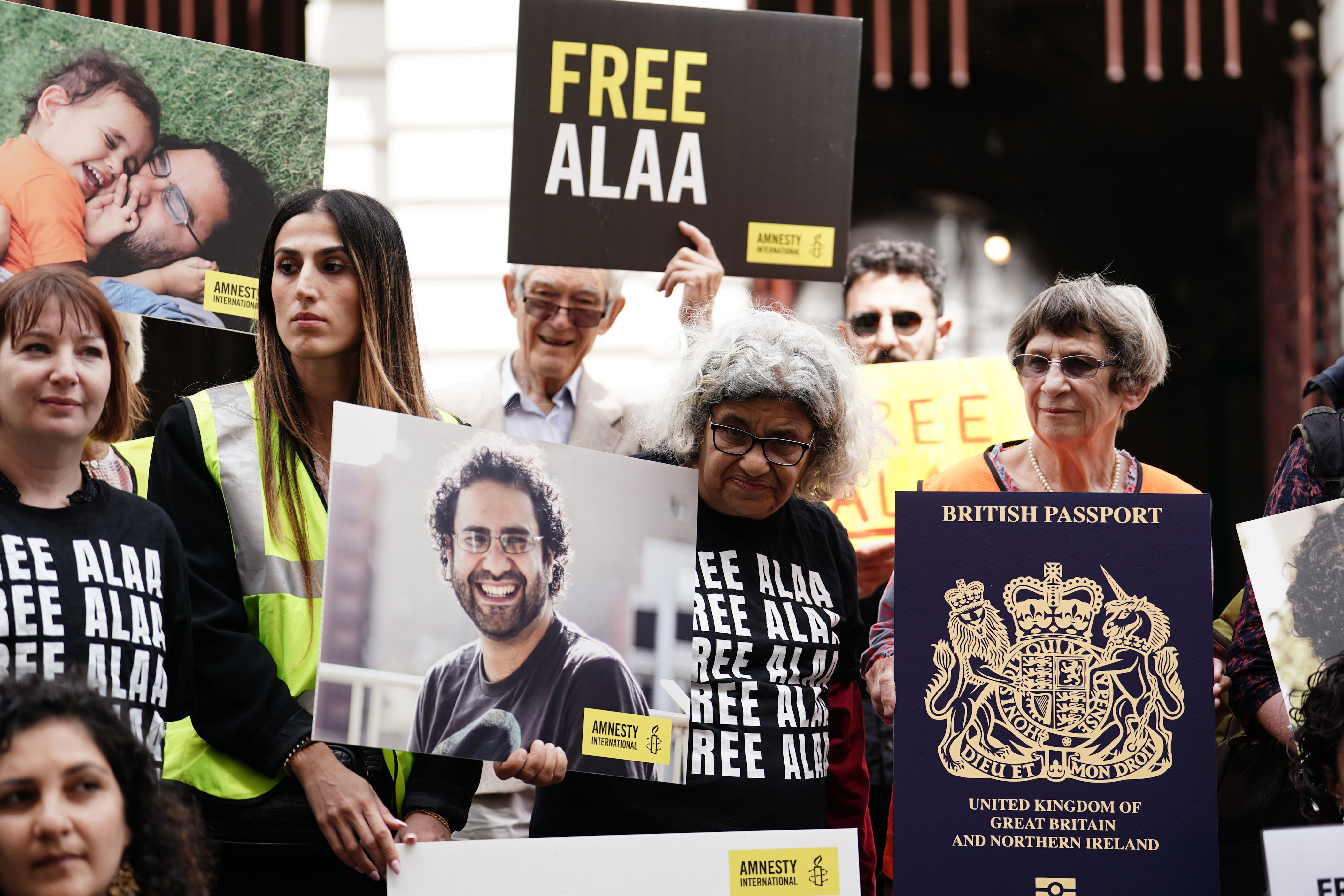 Laila Soueif (centre) taking part in a vigil for her son outside the Foreign Office in 2023 (Jordan Pettitt/PA) (PA Archive)