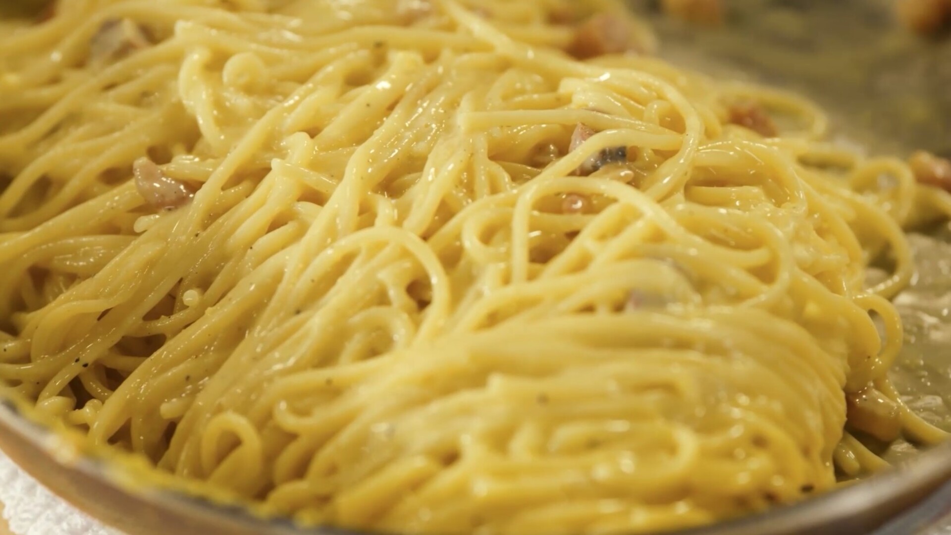 Perfect pasta carbonara with guanciale and cheese