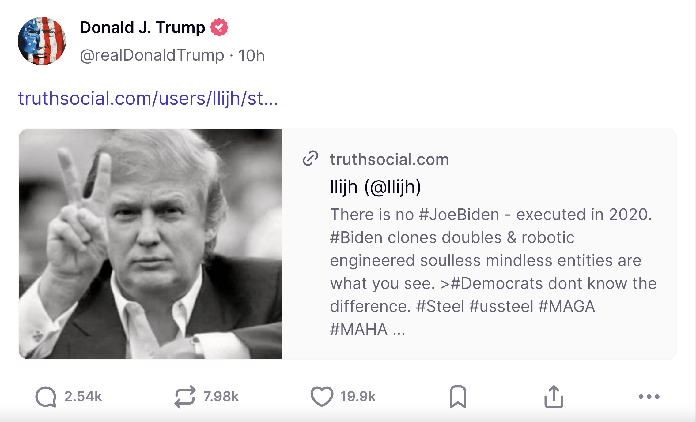 Trump Amplifies Bonkers Conspiracy Theory That Biden Was ‘Executed’ in 2020 and Replaced By Clones