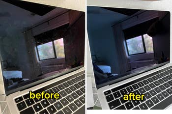 Laptop screen shows noticeable dust in