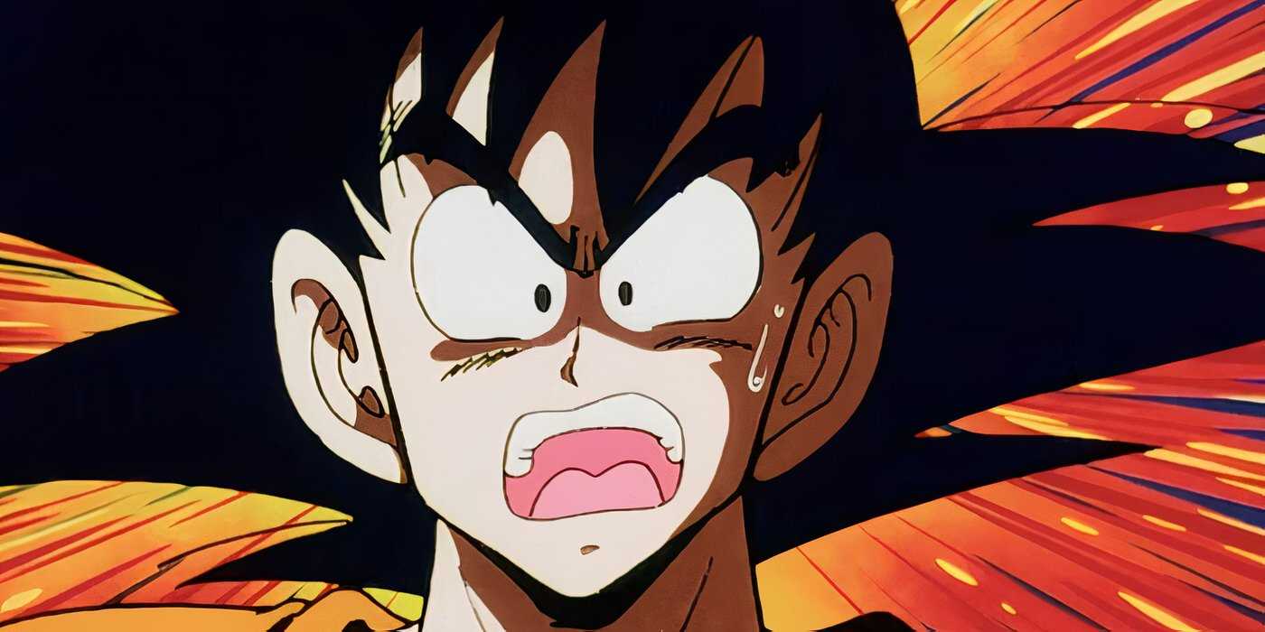 Dragon Ball's Goku stands with his mouth wide open in shock