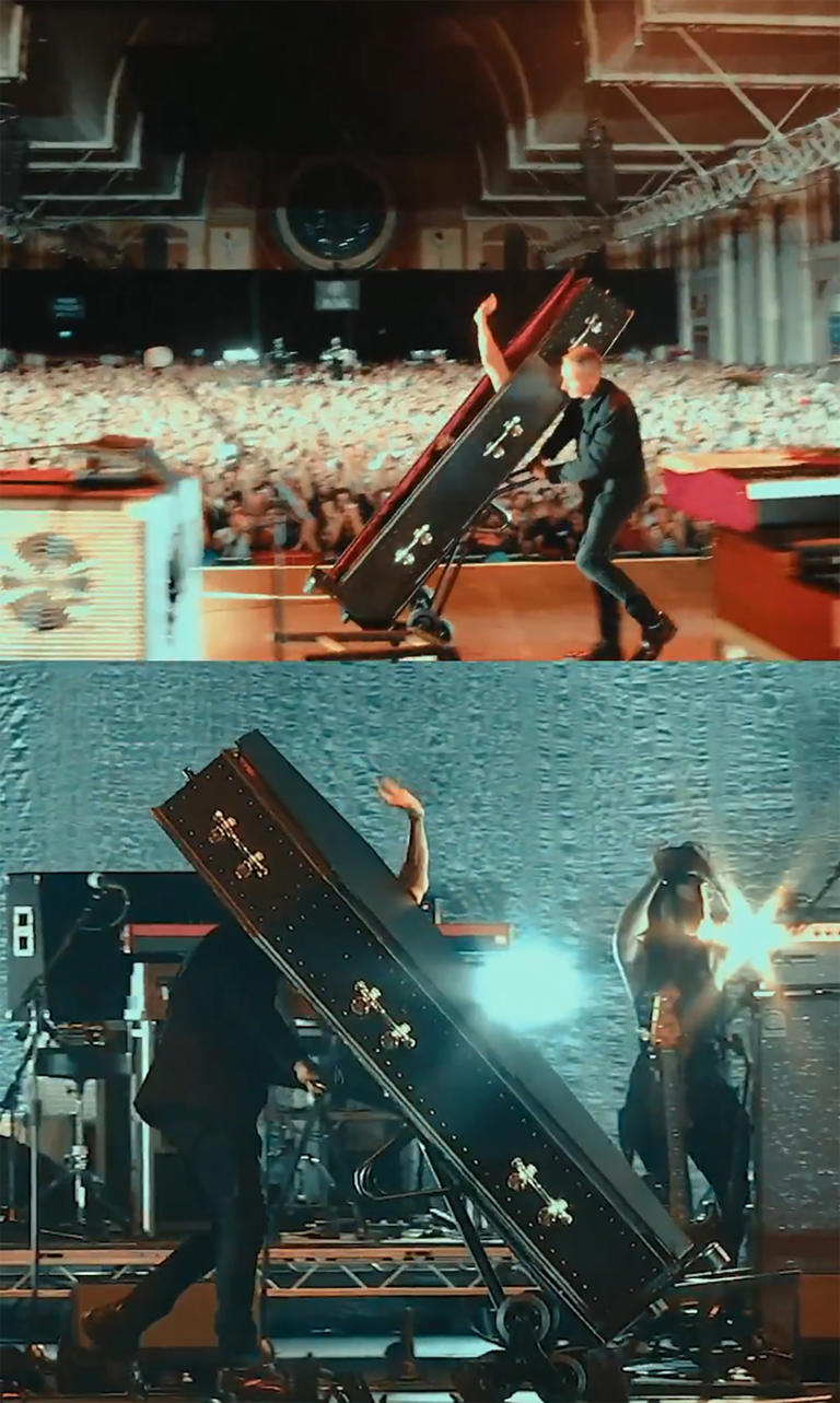 Shirtless Iggy Pop, 78, wheeled off the stage in a coffin during(00)
