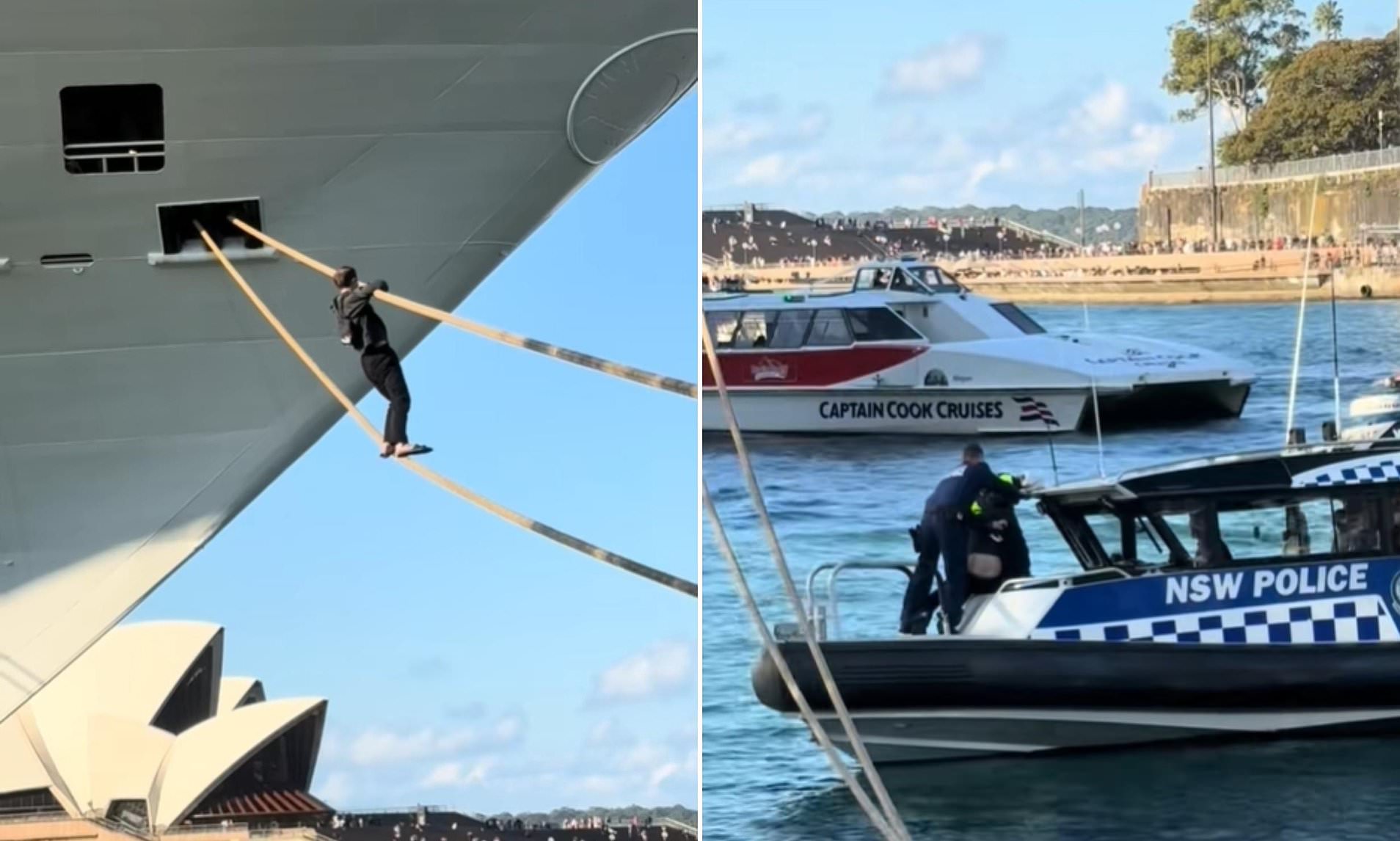 Shocking moment man tries to climb onto cruise ship using mooring ropes