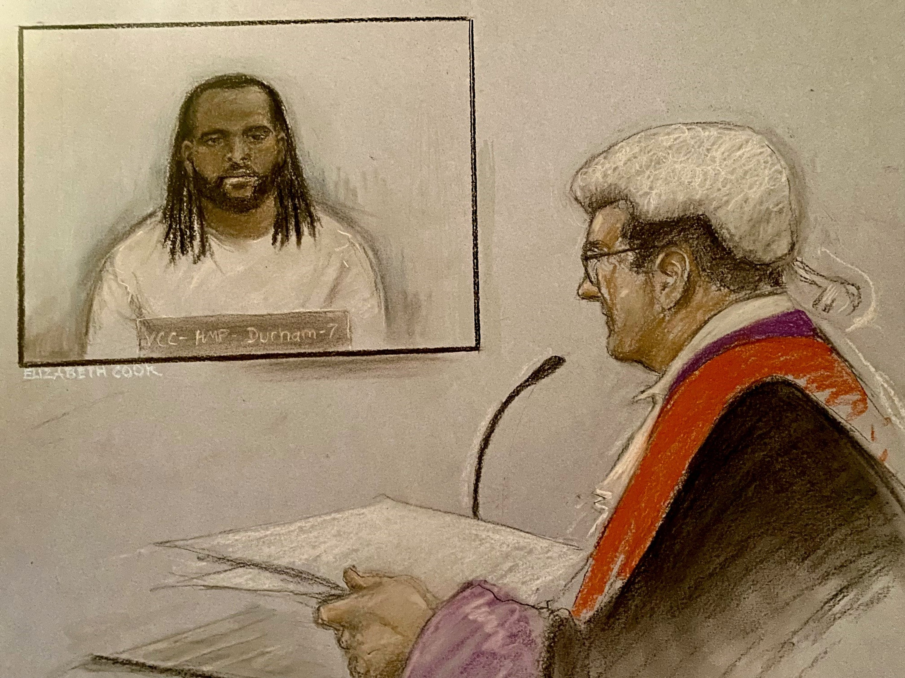 Court artist sketch of Jay Emmanuel-Thomas appearing at Chelmsford Crown Court via video-link from HMP Durham last October (Elizabeth Cook/PA)