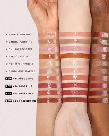 Arms display swatches of lip gloss shades, ranging from plumping and glitter to new rose colors, on different skin tones for comparison