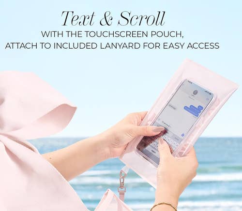 Person holding a phone in a touchscreen pouch with a beach background. Text reads: