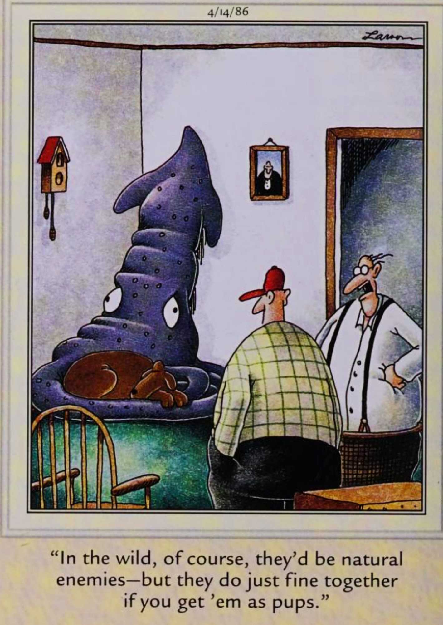 Far Side, April 14, 1986, a squid and a puppy cuddling together