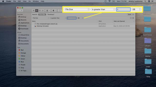 A screenshot of a Finder file size search on macOS.