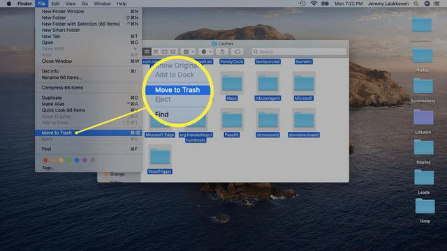 A screenshot of deleting cache files on a Mac.