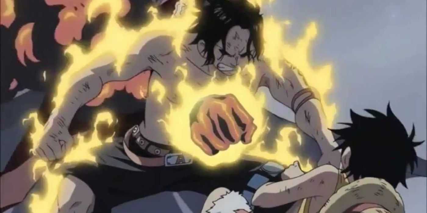 Portgas D. Ace grits his teeth as he gets punched through the chest by Akainu in order to save Luffy during One Piece's Marineford arc.
